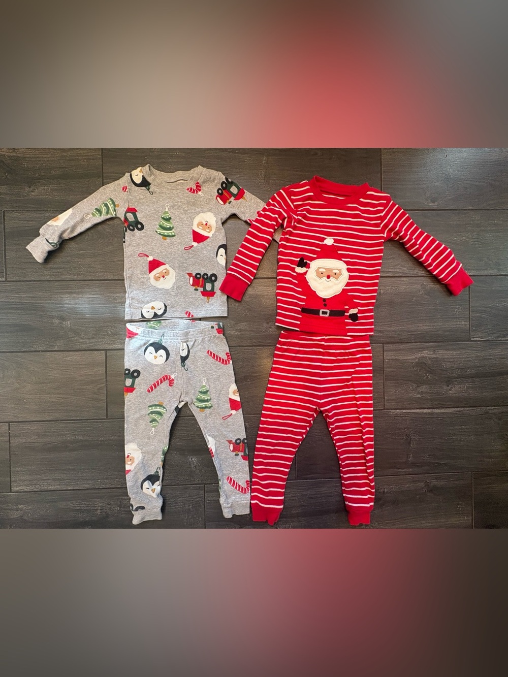 Carter's Red Striped Santa Pajama Set with Gray Penguin & Holiday Print Set